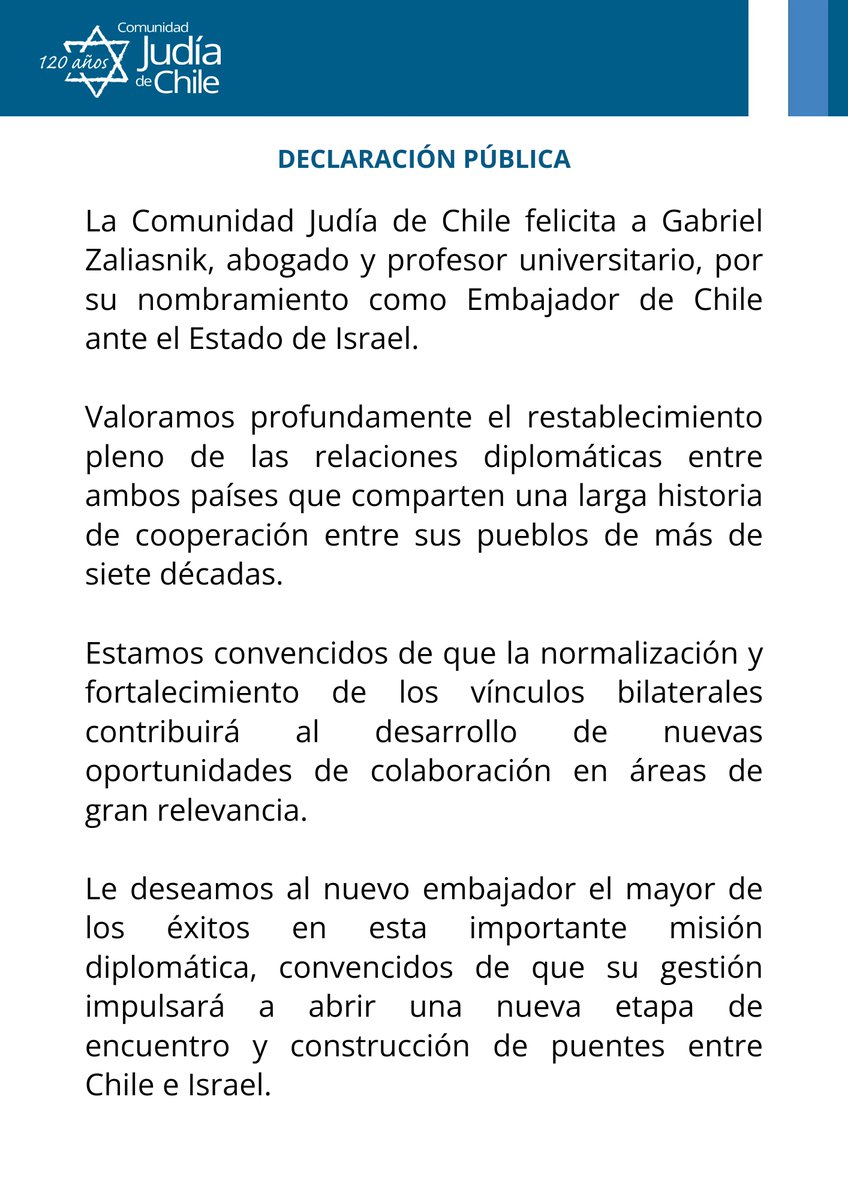 comjudiachile's tweet photo. Declaración pública Comunidad Judía de Chile en relación al nombramiento del Embajador de Chile en Israel. https://t.co/gjZmD8btYA