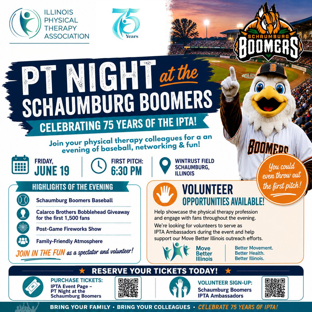 IPTAconnect's tweet photo. As part of IPTA’s 75th anniversary and the Move Better Illinois campaign, we wanted to share an exciting upcoming IPTA community engagement event: PT Night at the  @boomersbaseball (June 19th).  https://t.co/VAZoC0SL0d https://t.co/7nnZ6pOHVW