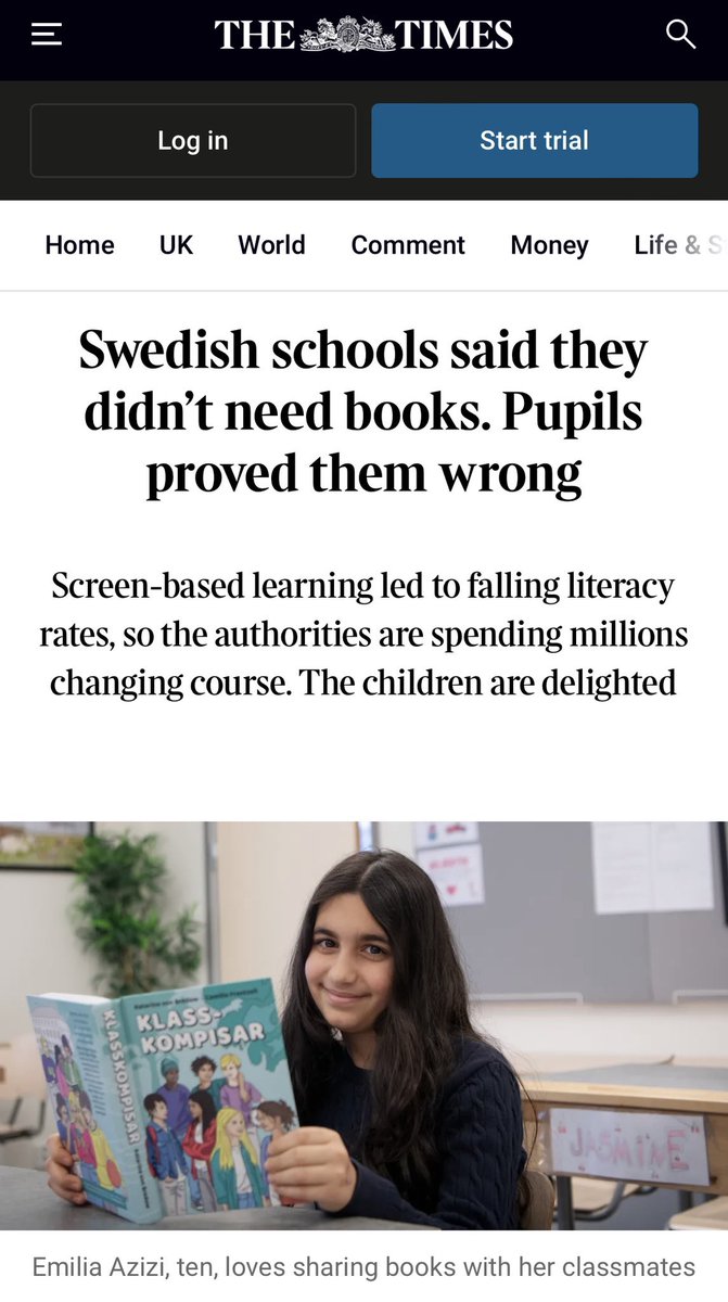 sanz_ismael's tweet photo. Suecia reconoce errores: demasiadas pantallas, menos libros, brechas en formación docente y apoyo a alumnos vulnerables. Ahora cambia de rumbo: inversión masiva en libros, bibliotecas y lectura, y uso muy limitado de tecnología en edades tempranas.
Libros en cada clase. Cinco minutos diarios de lectura libre, pausas lectoras y elección personal de libros. Los docentes destacan algo simple pero potente: el papel ayuda a concentrarse, a comprender y a entrar de verdad en el texto https://t.co/0w94nZmOJU https://t.co/X2x0xLL666