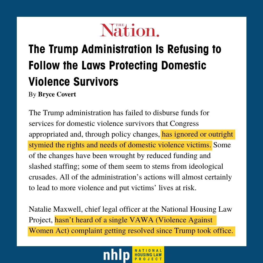 NHLP's tweet photo. Since Trump took office, lifesaving programs and shelters to protect domestic violence survivors have seen catastrophic funding delays and cuts. NHLP’s Chief Legal Officer, Natalie Maxwell, spoke with @thenation about the administration’s refusal to follow fair housing laws. https://t.co/zsXuC1IZkk