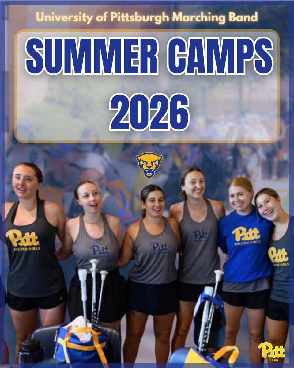 PittBand's tweet photo. It’s almost summer 🫢 and we’d like to remind you about our upcoming summer camps for Drumline, Golden Girls, Colorguard, and Band camp:

Please check out https://t.co/8fHcmDYWz3 for more info! https://t.co/mYdHqZuWaI