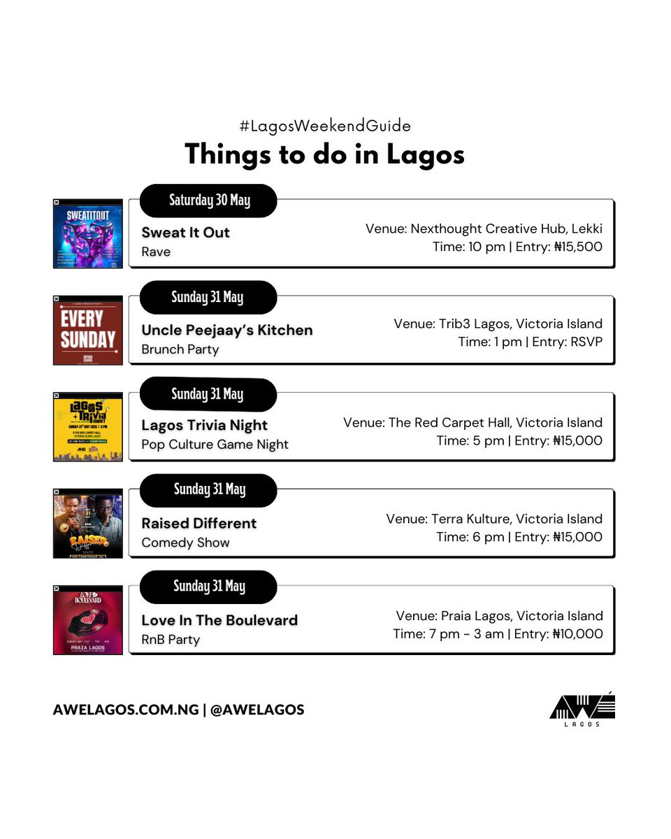 AweLagos's tweet photo. Lagos is fully outside this weekend✨

From beach movie nights and live acoustic performances to opera, comedy shows, brunch parties, raves, and Nigerian pop culture trivia; here’s your curated guide to the best things happening in Lagos this weekend.

#LagosWeekendGuide https://t.co/1nUb4H0vSB