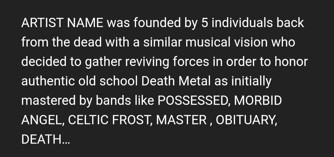 DBLHCKYSTCKS's tweet photo. Scrolling through a label's page on bandcamp, so funny that they posted this album description blurb template without filling in the artist. This could really describe any 5 piece metal band 😭 https://t.co/l9iTYKGUGz