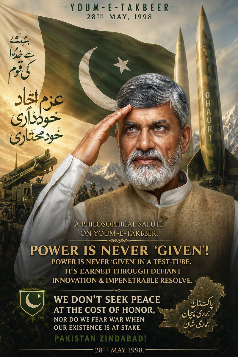 QHAKAMPTI's tweet photo. Eid-ul-Adha Mubarak!
28 May 1998: the day Pakistan stood tall, loud, and unshaken. 🇵🇰
Youm-e-Takbeer reminds us: strength isn’t just power, it’s the courage to protect Pakistan at every cost.
#یوم_تکبیر 
#عيد_الاضحى https://t.co/X03py23zGh