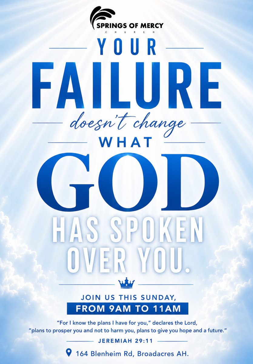 SpringsofMercy's tweet photo. Join us at Springs of Mercy — a house where faith abounds and God is never afraid of failure.
No matter what you’ve faced, God’s Word over your life still stands. Sunday from 9am to 11am
📍 164 Blenheim Rd, Broadacres AH.
Come expectant. Come encouraged. Come for His presence. https://t.co/OOzp1dNEQC