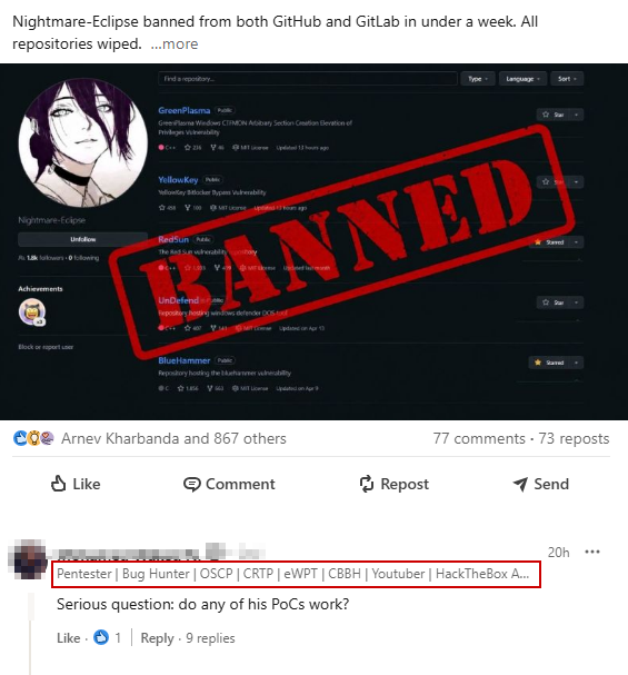 5mukx's tweet photo. Real reason why you don't need certifications to get into cybersecurity.. 

TL;DR; casually scrolling LinkedIn and i found this comment 😭 https://t.co/g6VosXNOAu