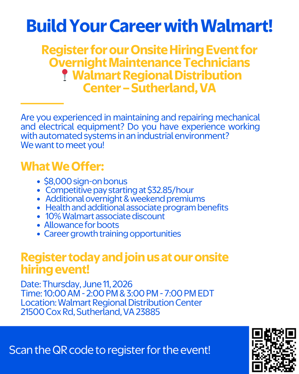 WalmartHiring's tweet photo. We have an Overnight Maintenance Technicians onsite hiring event for Walmart coming up soon!

Learn more and register here: 
https://t.co/tFjKSrFTLe

#hiring #jobsearch #newopportunities #careersatwalmart #hiringinvirginia https://t.co/QrbGNhhum3