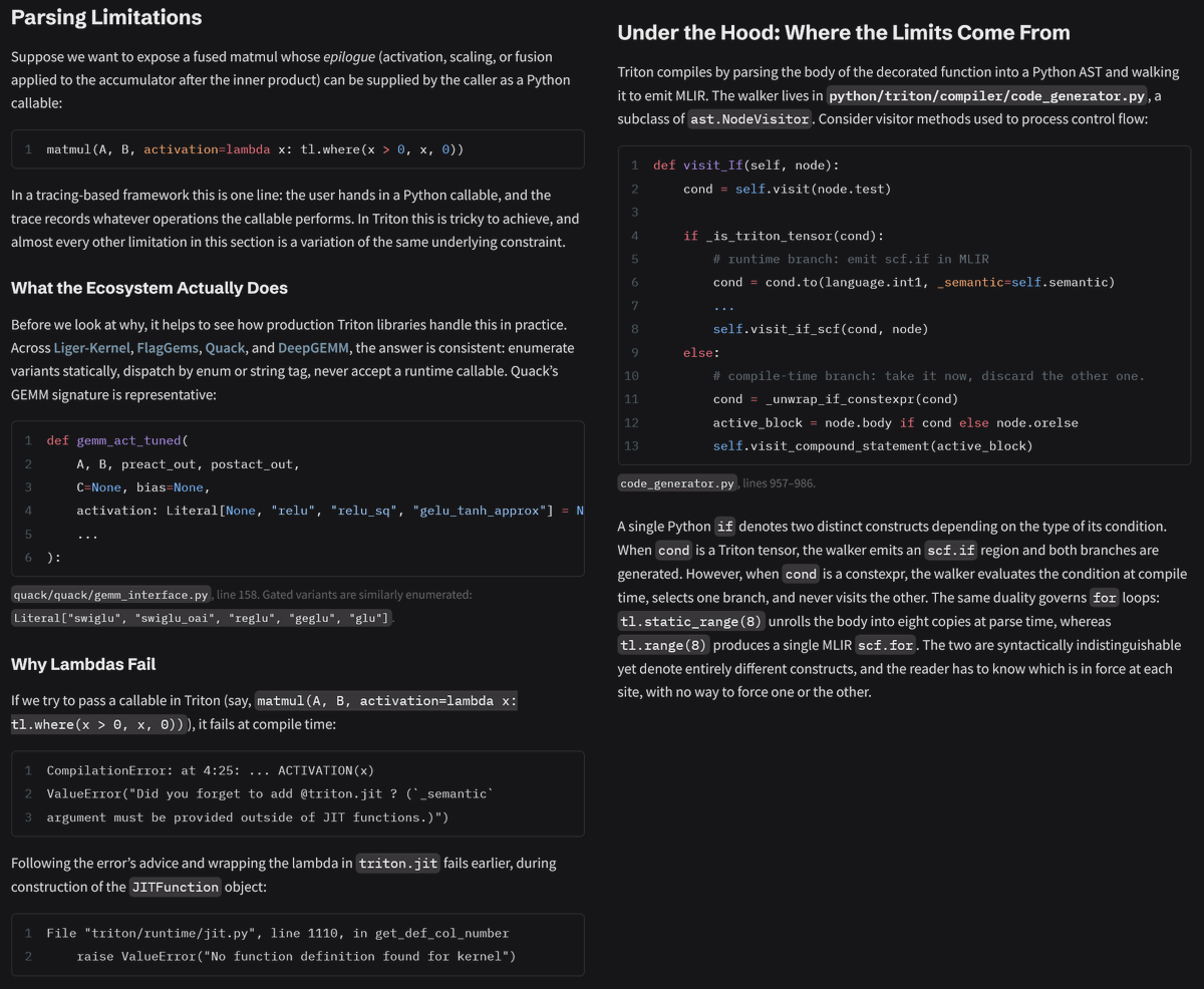 matt_dz's tweet photo. A Case for Tracing Based DSL Kernel Languages
https://t.co/1i909GWE3t
On the architectural divide between parsing and tracing kernel DSLs, and what tends to go wrong in each.
by George Karpenkov https://t.co/tA2ONTFbvV