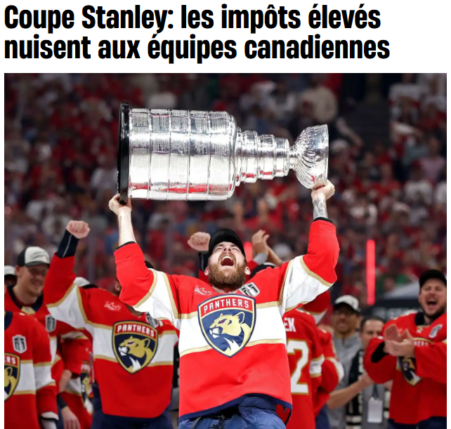 iedm_montreal's tweet photo. Pour la 7e année consécutive, une équipe représentant un État sans impôt sur le revenu (Nevada, Floride, Texas) sera présente en finale de la coupe Stanley. Certaines années (2020, 2023), ce sont carrément les 2 finalistes qui entrent dans cette catégorie. Ce n’est pas un hasard. Dans la LNH, chaque hausse d’un % du taux d’imposition réduit le taux de victoire de 1,55 à 1,57%. En fait, une fiscalité trop lourde nuit à notre capacité d'attirer et de retenir tous les travailleurs hautement qualifiés. #hockey #LNH 

https://t.co/Y4BXc0F4At

Pour en savoir plus, lisez notre publication sur la question :

https://t.co/j2paZ8vBqw