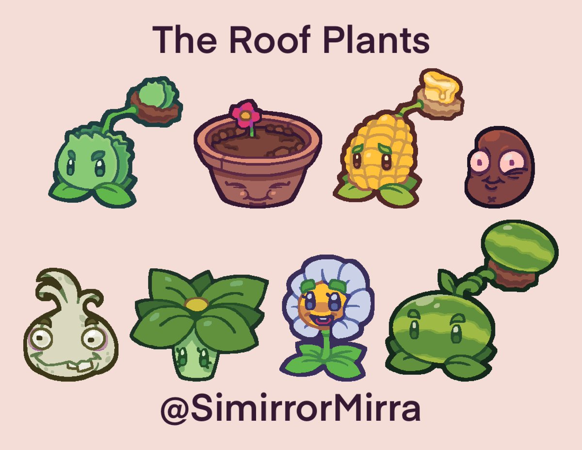 SimirrorMirra's tweet photo. All of the Roof Plants are done!
#plantsvszombies #pvz #pvzfanart #art #procreate #digitalart #drawing #fanart #cabbagepult #flowerpot #kernelpult #coffeebean #garlic #umbrellaleaf #marigold #melonpult https://t.co/IG4OfBtSGt