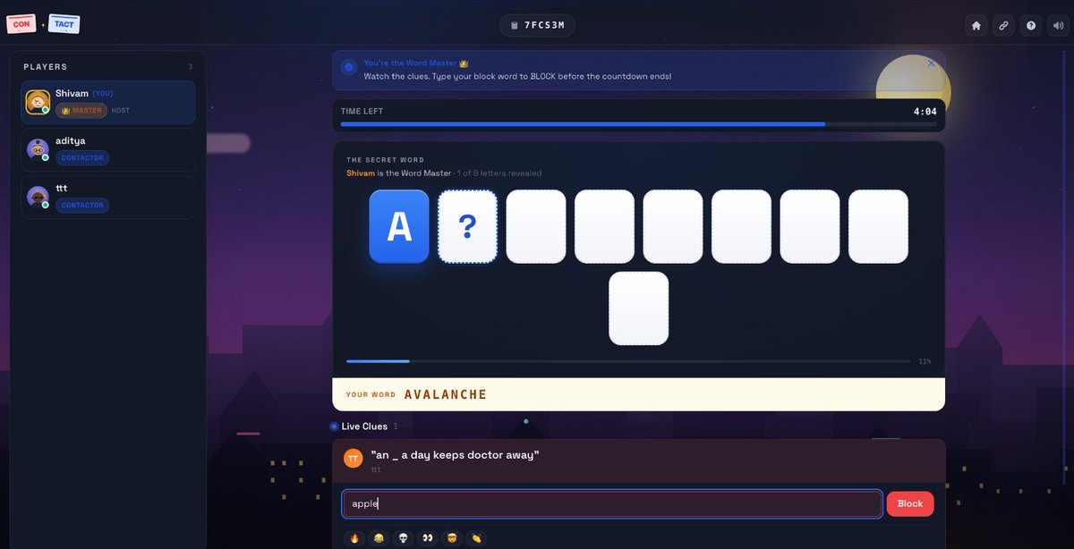 shivi_41's tweet photo. me and my friend built an online version of Contact (aka Connect)

someone picks a secret word + reveals it letter by letter, everyone races to crack it through cryptic clues while the Word Master blocks. (atleast 3 players)

- https://t.co/4BfPjxOlNg

please dm for feedback 🙂 https://t.co/vmzweHIosR