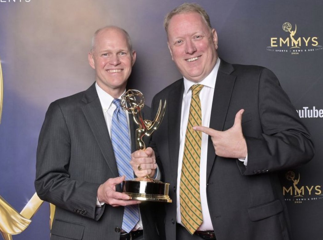 jaybusbee's tweet photo. So I had the tremendous honor of accepting the Emmy for Outstanding Music Direction, Sports for our @NASCAR Studios/@Bluefoot_tv show “Home Turn.” The show, about Daytona Beach around the track, is so damn good thanks to everyone involved behind the camera, but the music choices by the great @timothyhorgan are sublime, and the support from NASCAR's John Dahl (pictured with me) was invaluable. (Link to the show in next tweet)

Also: when you’re walking onto a stage like that, the mic looks like it’s about half a mile away. And thank God for notes, because wow, does your mind goes blank at @TheEmmys.