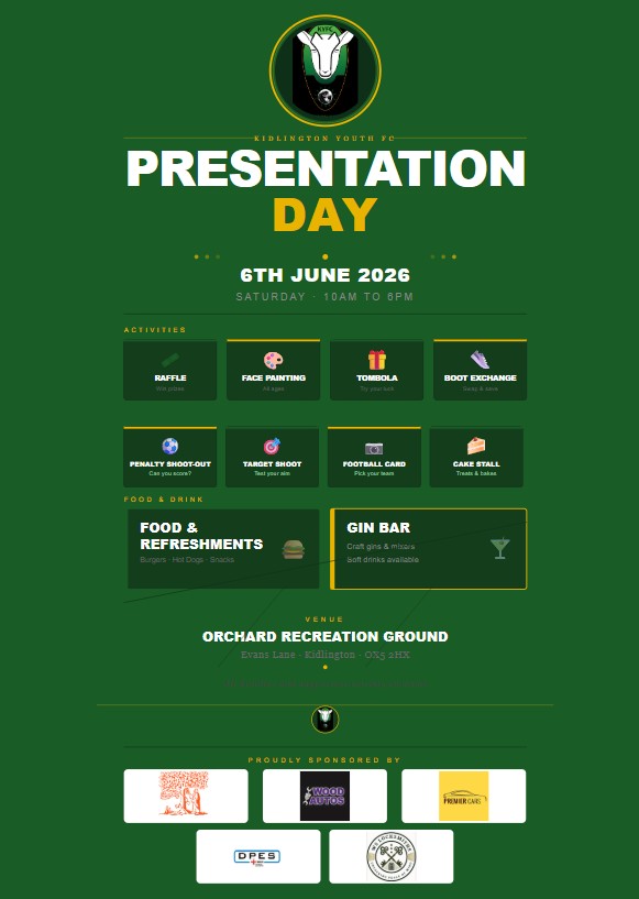Kidlingtonythfc's tweet photo. Saturday 6th June is our Annual Presentation day at Orchard Recreation Ground, Evans Lane, OX5 2HX. Lots to do, eat and drink throughout the day. Please come along and help us celebrate this season. https://t.co/psXSeKukTx