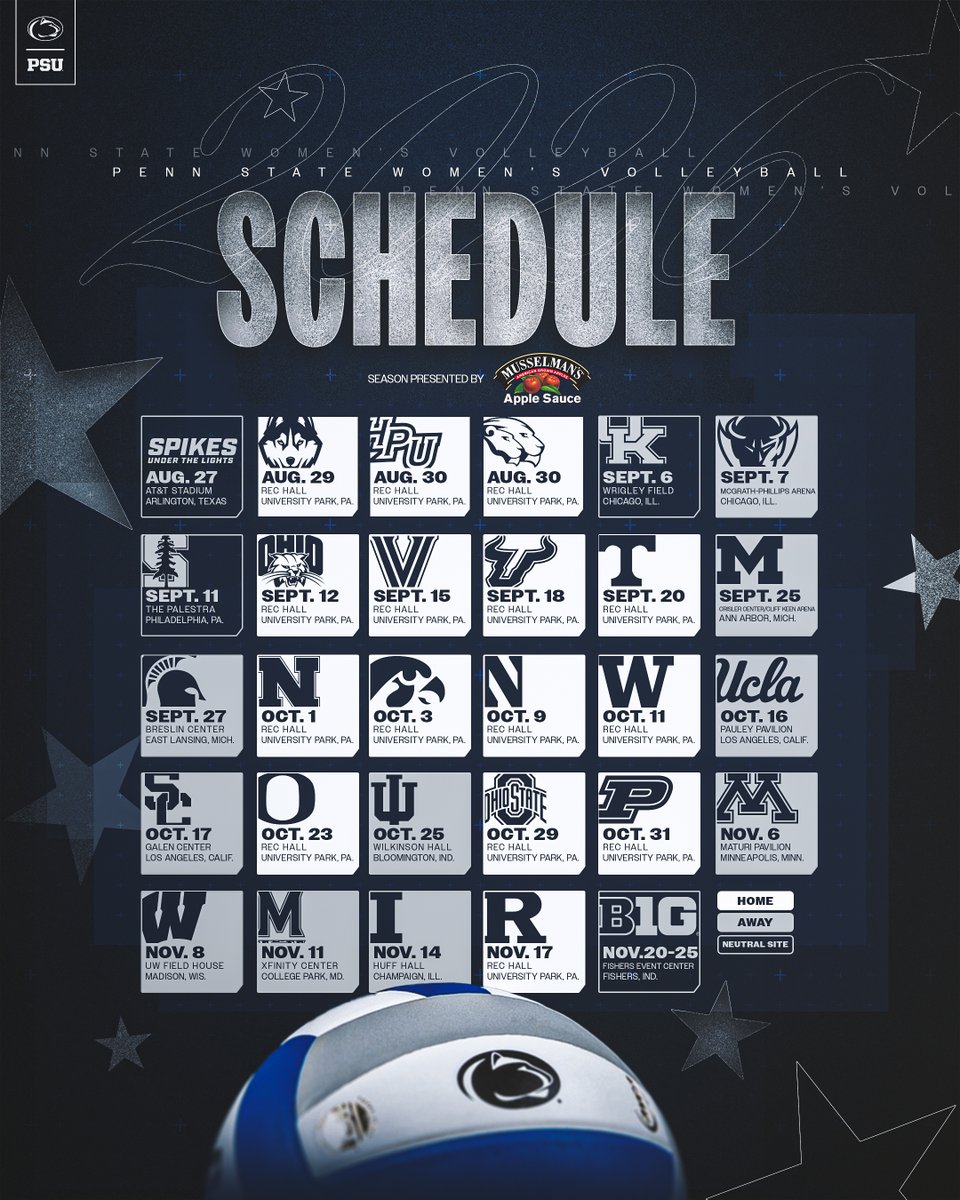 PennStateVBALL's tweet photo. The 2026 schedule is here! 

Highlights ⬇️⬇️

🏈 AT&amp;T Stadium
⚾️ Wrigley Field
🔔 The Palestra
🏆 B1G Tournament

#WeAre https://t.co/9PQmssPwkJ