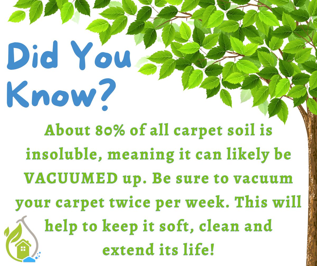 AHEGreenClean's tweet photo. 🧼✨ Quick Carpet Tip ✨🧼

Did you know about 80% of carpet soil is dry debris that can usually be removed with regular vacuuming? 😳

Vacuuming at least twice per week helps keep your carpet soft, clean, and looking its best while extending its life over time. 🏡

A little maintenance goes a long way! 💚

#CarpetCare #CleaningTips #HealthyHome #CleanCarpets #HomeMaintenance #EcoFriendlyLiving
