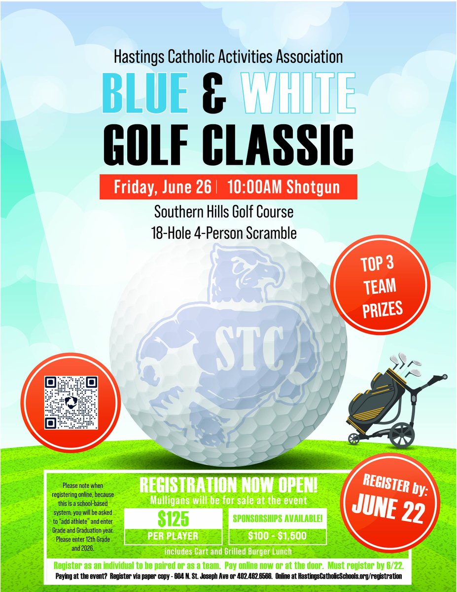 HCSBluehawks's tweet photo. Make  plans to get out of the office for the day and register for the BLUE  &amp; WHITE Golf Classic!   Great course, great company, great fun!   Register online at https://t.co/noAwTPf9Ch, by phone calling 402-462-6566 or by hard copy registration form at https://t.co/AzzWxKTiG8 https://t.co/4yCJq6rS9q