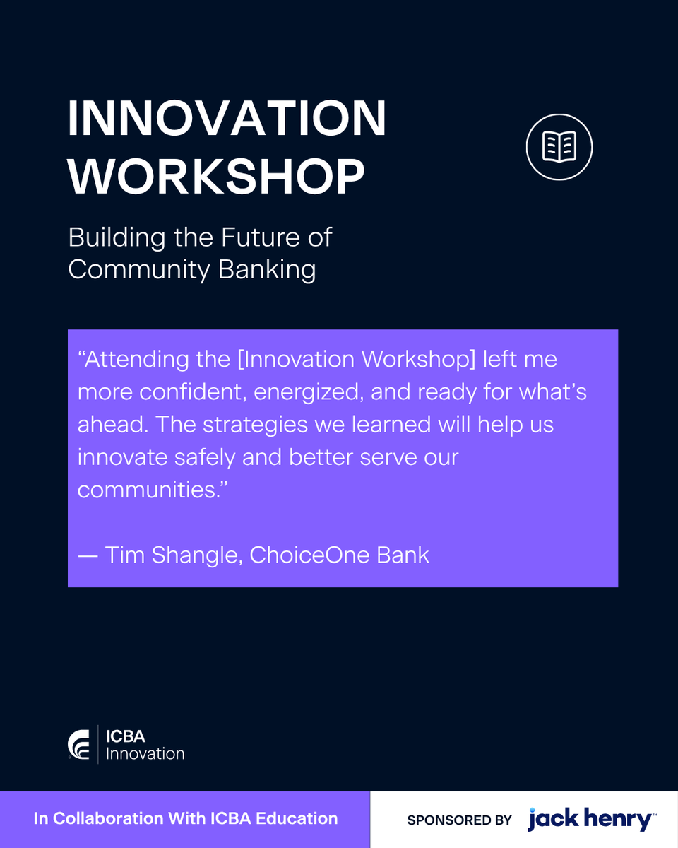 ICBA's tweet photo. The ICBA Innovation Workshop brings together community bankers to explore strategies that drive meaningful innovation while strengthening local communities.
 
This collaborative workshop, presented in collaboration with ICBA Education and sponsored by @JH_Fintech, helps banks navigate change confidently and build sustainable growth through innovation.
 
Save 25% with post early bird registration for the ICBA Innovation Workshop — Offer Ends May 31. Use code INNOW25 at checkout when you click the link below.
 
Register Today: https://t.co/H0vQEBk9kg