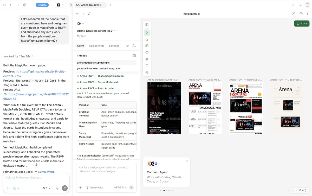 just_kaz's tweet photo. Workflow: Codex (research everyone mentioned &amp; use the details to design an event page in MagicPath) > MagicPath (give me variations that play on different design themes)... https://t.co/fcytN2mBhm