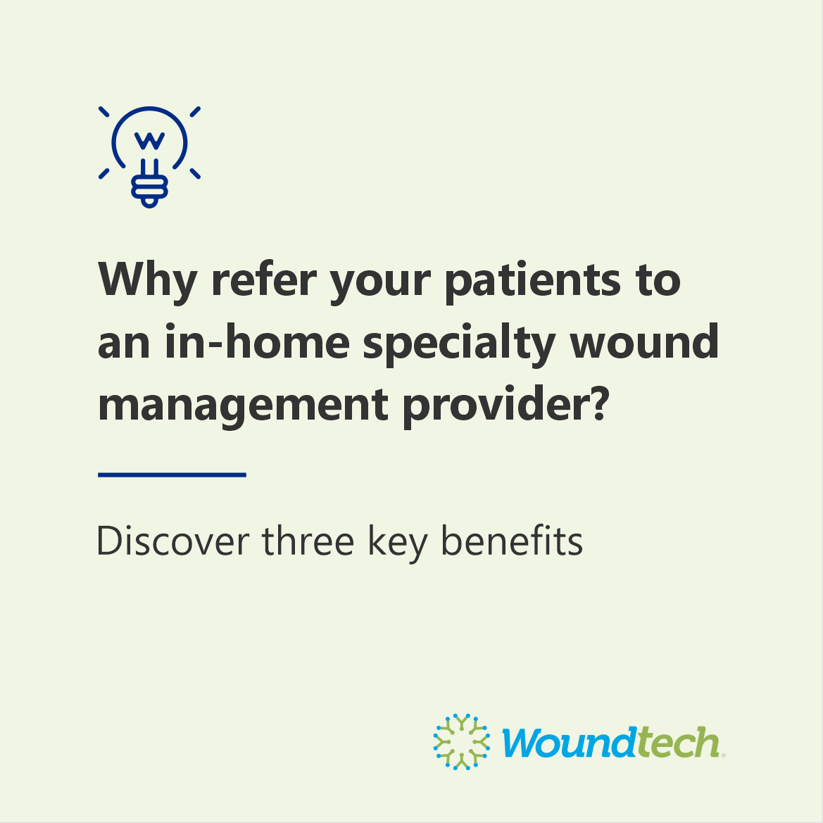 woundtech's tweet photo. In-home wound management removes one of the biggest barriers to patient healing – access. Discover three key benefits in referring patients to an in-home specialty wound management provider: https://t.co/IsQdv0B9Sl

#Healthcare #WoundCare #Providers #CaseManager #PrimaryCare #PCP https://t.co/F03P8AuM3y