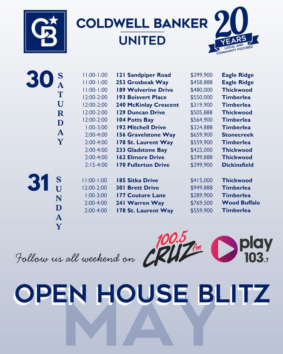 CBFortMcMurray's tweet photo. OUR MASSIVE OPEN HOUSE BLITZ WEEKEND

Tour homes across the city this weekend!

Follow along on 100.5 or 103.7 FM for featured open houses all weekend!

Looking for a home not on the tour, we can still get you in. Call us at 780-714-5050. https://t.co/JIEIwMB3vk