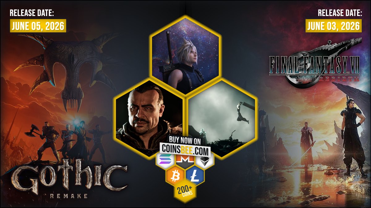 coinsbee's tweet photo. ⚔️✨Today it’s FINAL FANTASY VII REBIRTH. On June 5, Gothic 1 Remake follows. 

Two of June’s biggest game releases, two totally different RPG moods, both look worth your time!

Pick up the gift cards you need at https://t.co/C8BXWxjQgw 🎮

#CoinsBee #CryptoGaming #GoticRemake #FF7Rebirth