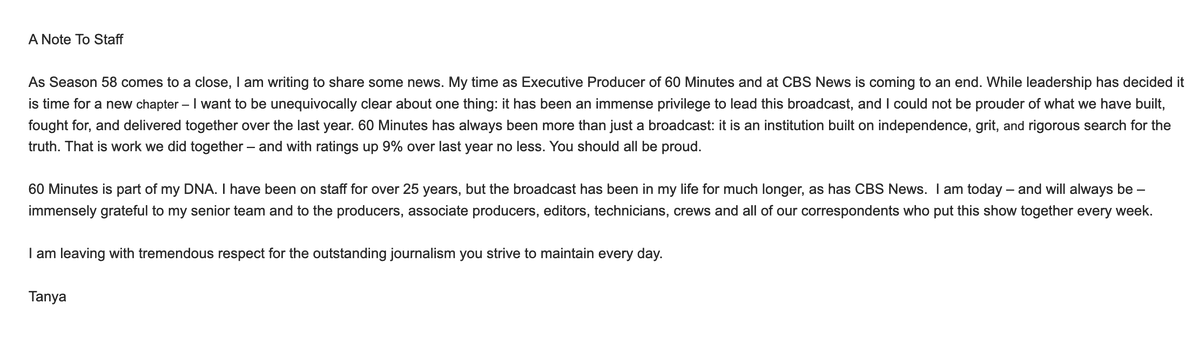 BenMullin's tweet photo. Note from Tanya Simon, the outgoing EP of "60 Minutes":

"It has been an immense privilege to lead this broadcast, and I could not be prouder of what we have built." https://t.co/mAWnEUHXH5