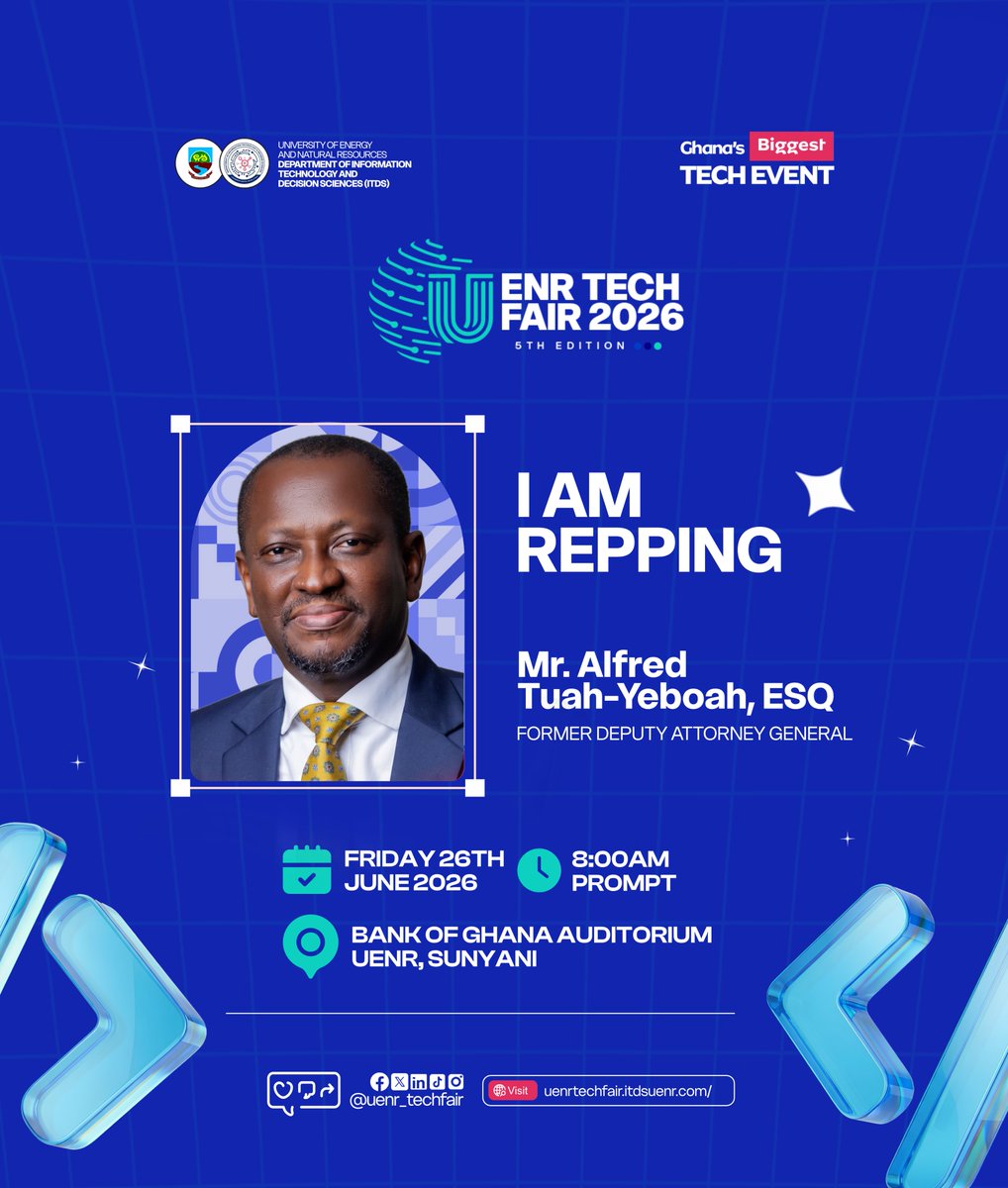uenr_techfair's tweet photo. We are honoured to have Mr. Alfred Tuah-Yeboah, ESQ, Former Deputy Attorney General, repping at UENR Tech Fair 2026.
This year’s experience keeps getting bigger.
Stay tuned for more exciting reveals. 😎
#UENRTechFair2026 #CodeAroundTheClock #UENRTechFair #UENR https://t.co/GMRgnx91JQ