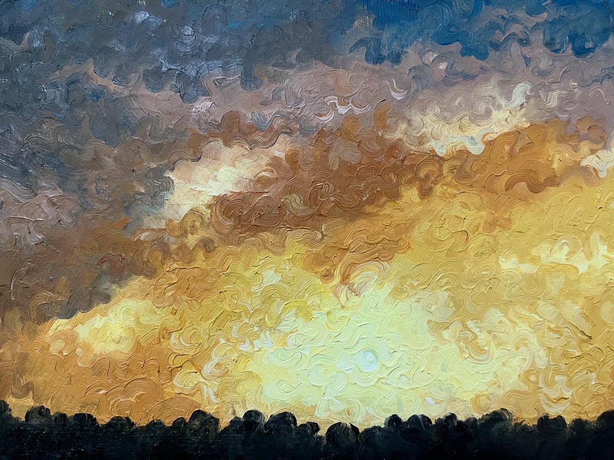 mereshayes's tweet photo. Latest painting, those swirls are so time consuming but I love the way they both blend from a distance and show great color variation up close 😁 #art #oilpainting #cloudpainting #landscapepainting #virginiaartist https://t.co/H76Qh2vwJm