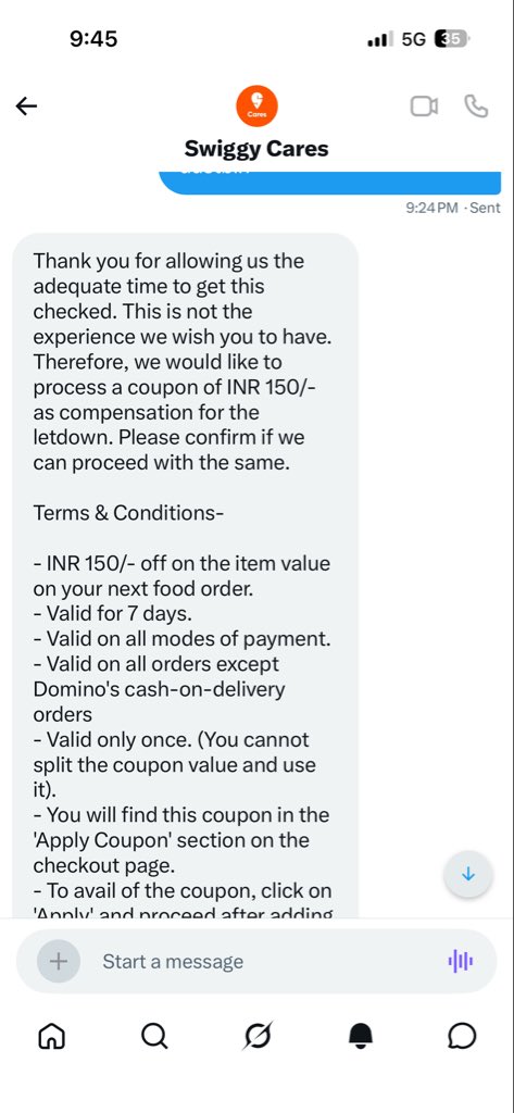 JitendraPatha11's tweet photo. @SwiggyCares @harshamjty this is the answer I got from your fool. 150 coupon after paying 250 for a garbage food without plat or spoon. I am still in train &amp; do not have food. https://t.co/tZrALZgM9u
