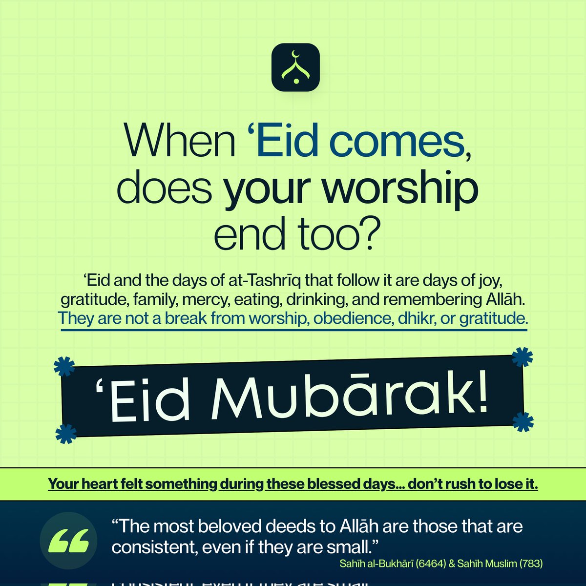 MuslimDaily247's tweet photo. Enjoy these blessed days, spend time with loved ones, smile, give gifts, visit family, eat, and celebrate, but do not let your heart become disconnected from the remembrance of Allāh.

#Eid_AlAdha #EidMubarak #MuslimDaily https://t.co/mLZ5zC5r3m