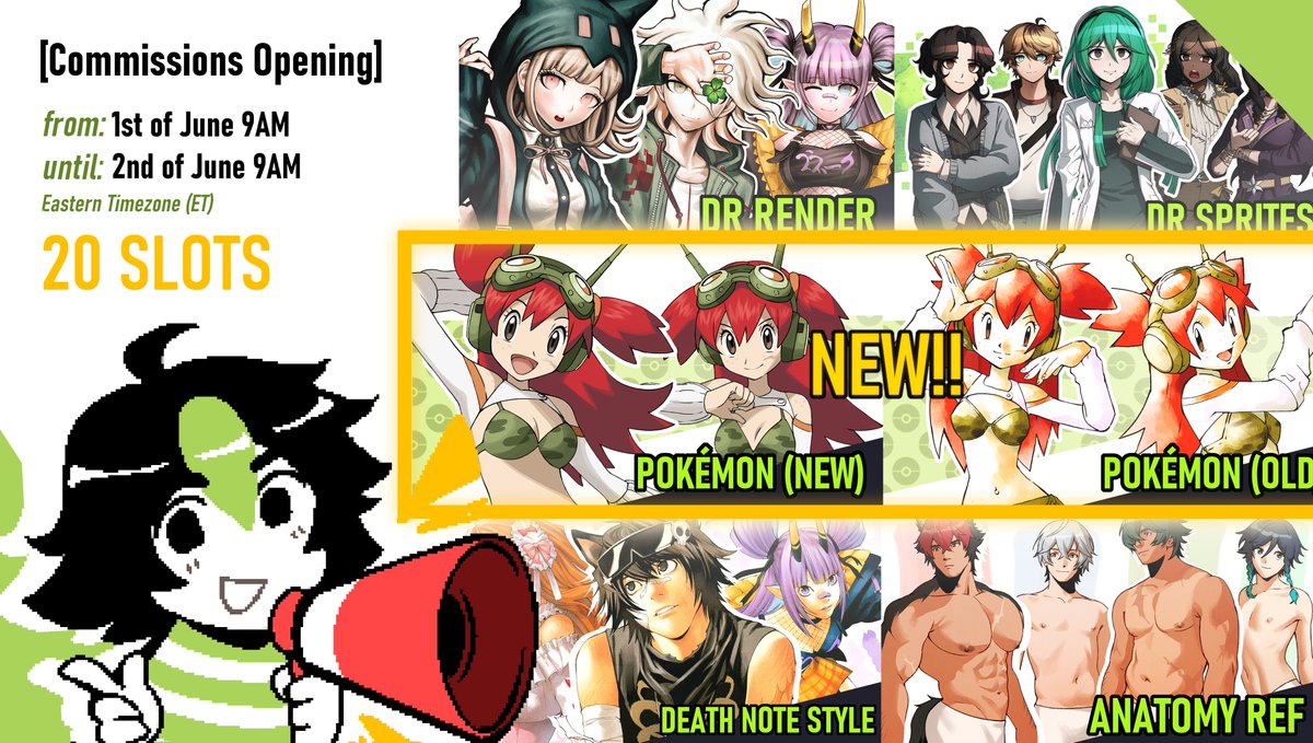 NGreentail's tweet photo. [VGEN OPENING ANNOUNCEMENT]    

Has it already been 3 months?? My orders will reopen for a limited time of 24 hours this monday, debuting Pokémon style orders and returning DR sprites‼️ 

Follow me on VGen and get notified for the approaching opening!

[📷 below!] https://t.co/meWCC4UzXv