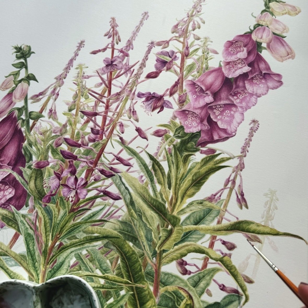 Piecesofnature1's tweet photo. Foxgloves in the Willowherbs painted in watercolour. Nothing quite says English summer like a Foxglove. https://t.co/o8FYTBluPY