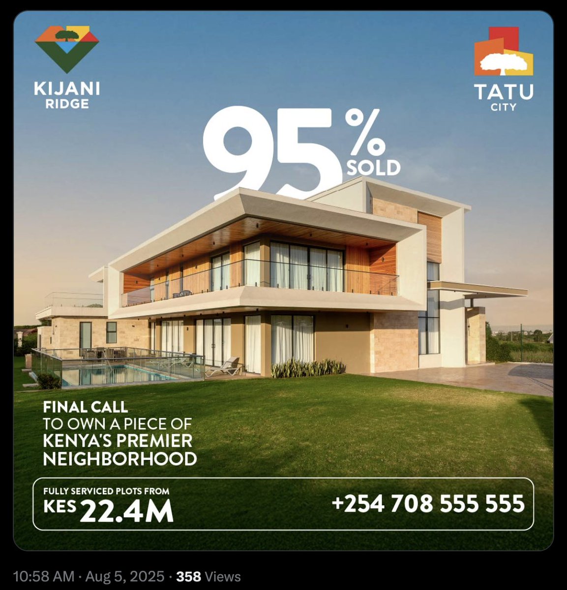 plotwiseco's tweet photo. @PesaWall For context, Tatu City said in August 2025 that Kijani Ridge was already 95% sold. https://t.co/tZX8UULarE