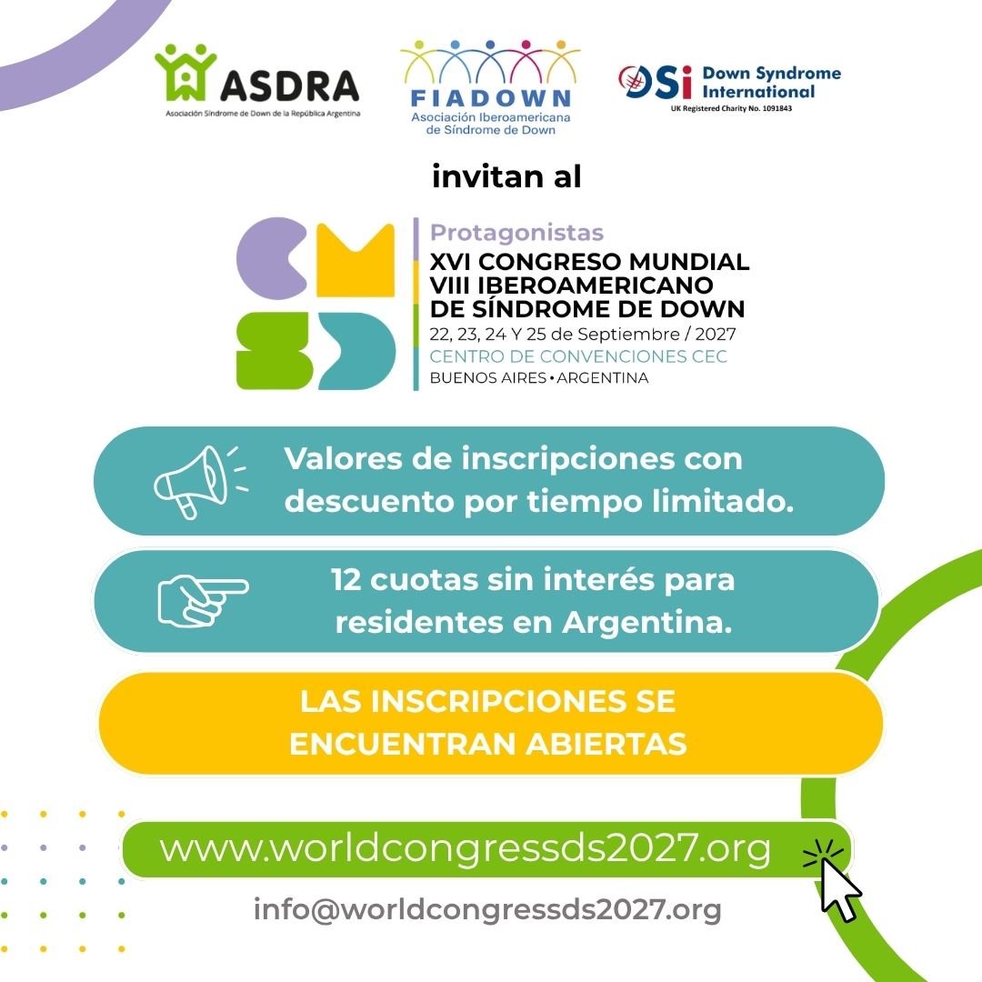 sindromedown's tweet photo. ASDRA junto a FIADown y Down Syndrome International invitan al XVI Congreso Mundial y VIII Congreso Iberoamericano de Síndrome de Down. @FIADOWN 

🗓22 al 25 de septiembre de 2027
📍Buenos Aires, Argentina

🚨Valores de inscripciones con descuento por tiempo limitado.
🧵 https://t.co/pyn37Q4mVr