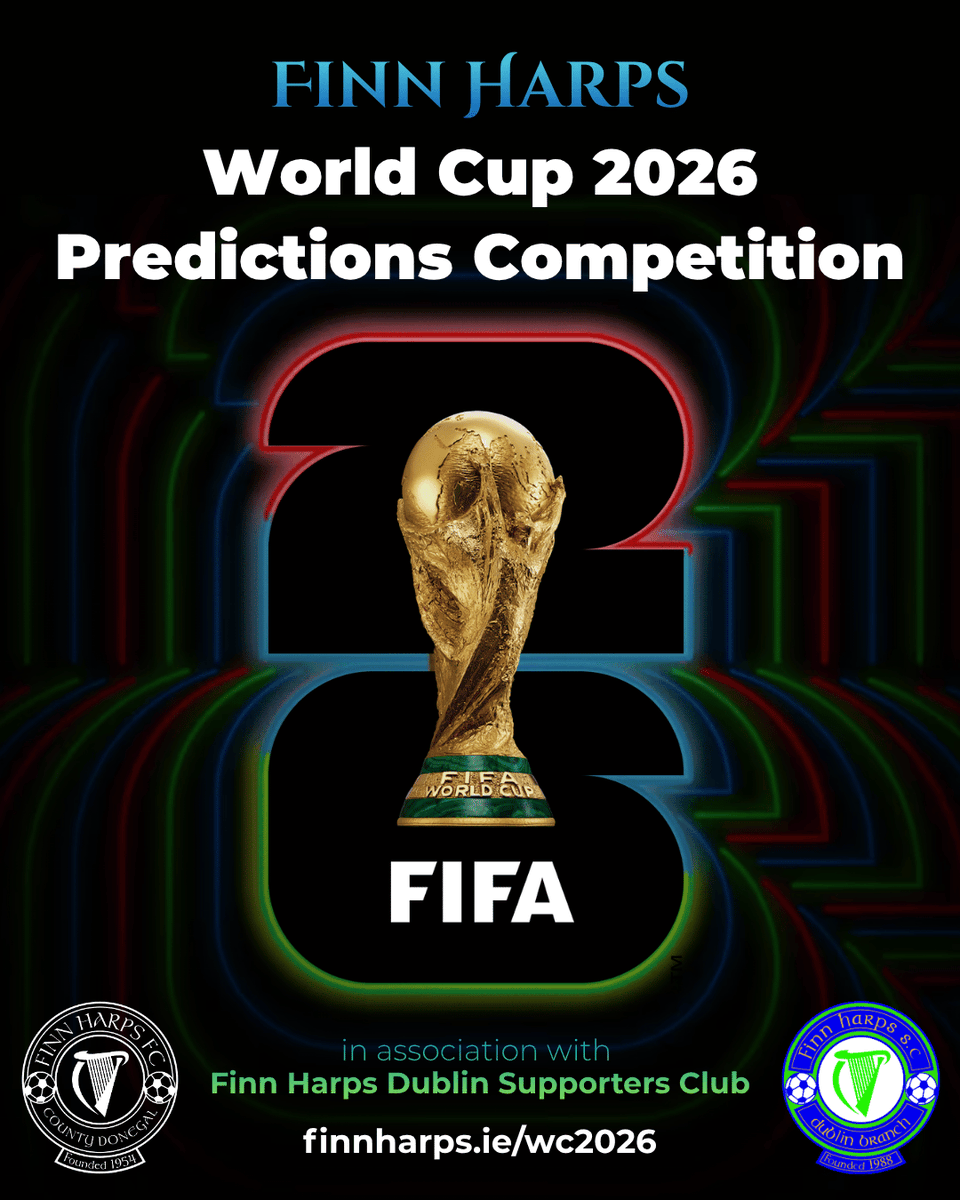 FinnHarpsFC's tweet photo. The club's famous predictions competition is back once again ahead of another major tournament! 

Predict all 106 games for your chance to scoop glory as well as generous cash prizes with 50% of the €10 entry fee going toward the jackpot!  

Enter: https://t.co/seGiL1yc92 https://t.co/VfoPj8spQY