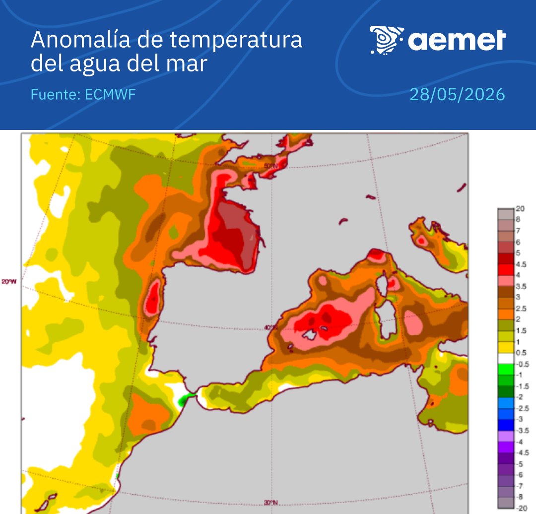 AEMET_Esp's tweet photo. 🌊🌡️ Calor en tierra... y en el mar.

➡️ El Mediterráneo está 3.5 a 4 °C por encima de lo normal en el entorno de Baleares. 

➡️ El Cantábrico alcanza valores entre 5 y 6 °C sobre el promedio normal en el golfo de Vizcaya.

Un calentamiento muy destacado para estas fechas. https://t.co/NcofVFwAFw