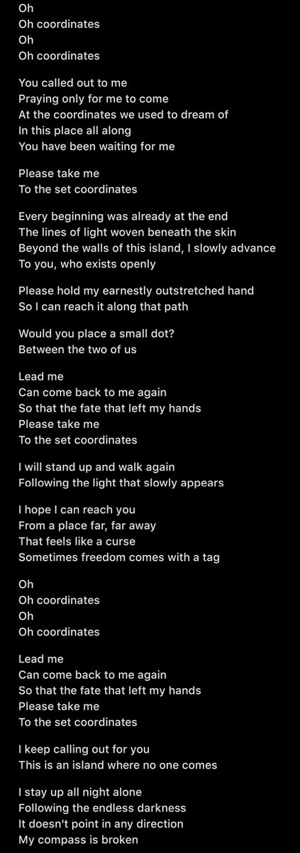 alynth_9's tweet photo. so hyungu said that the Coordinates lyrics can be interpreted. the pov can be either from one single person or two person depends on it. as if you read it backwards (the end to the beginning), it forms another story ! and they rlly put a lot of hard work to achieve it 🥹 https://t.co/AI6t80WDhY