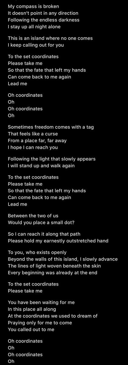 alynth_9's tweet photo. so hyungu said that the Coordinates lyrics can be interpreted. the pov can be either from one single person or two person depends on it. as if you read it backwards (the end to the beginning), it forms another story ! and they rlly put a lot of hard work to achieve it 🥹 https://t.co/AI6t80WDhY