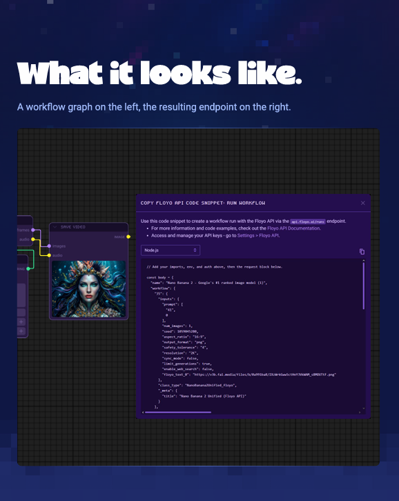 FloyoAI's tweet photo. 3. Copy the API snippet.

Paste it into your app. Your backend, your frontend, your plugin. Python, JavaScript, curl. That's it. https://t.co/yquS9A6cF8