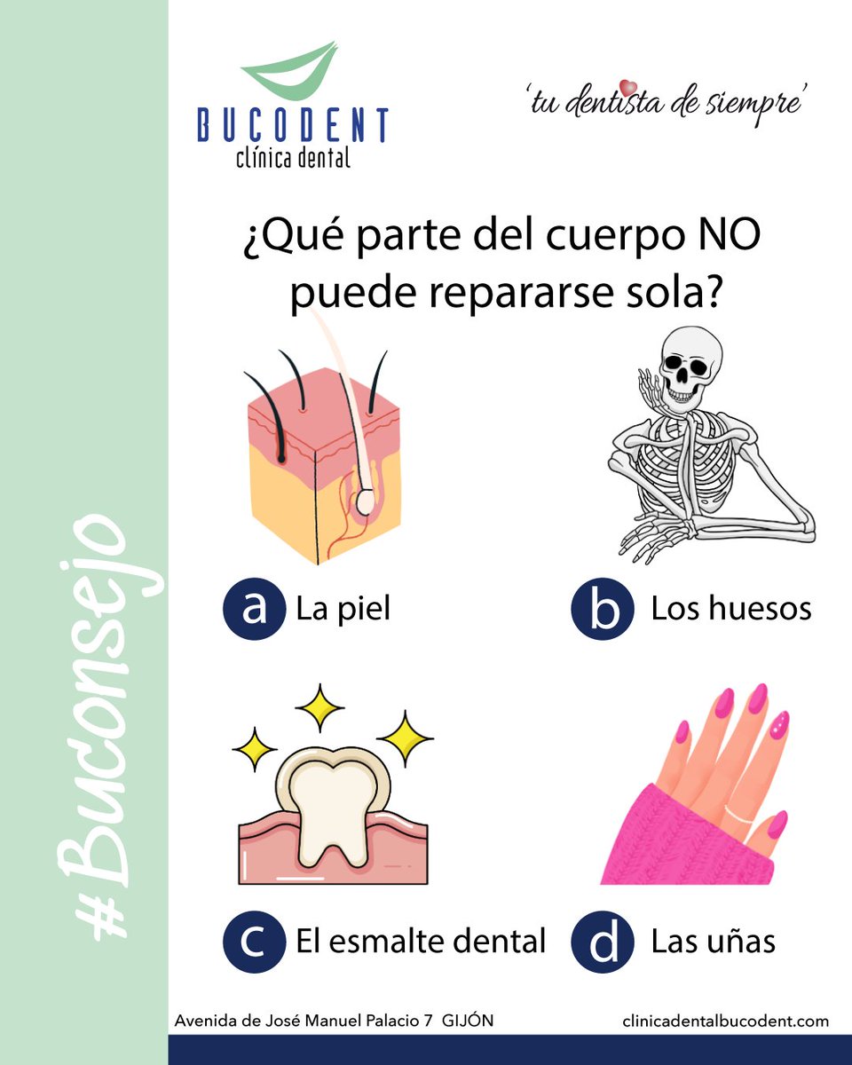 bucodent's tweet photo. Último #Buconsejo del mes, y viene con calor además. 😉 Y hoy os preguntamos:

👉 ¿Qué parte del cuerpo NO puede repararse sola? 🤔

¡Esperamos vuestras respuestas!

#gijon #tudentistadesiempre #dentistagijon #clinicadentalgijon #mayo https://t.co/Va2cbdr8ER