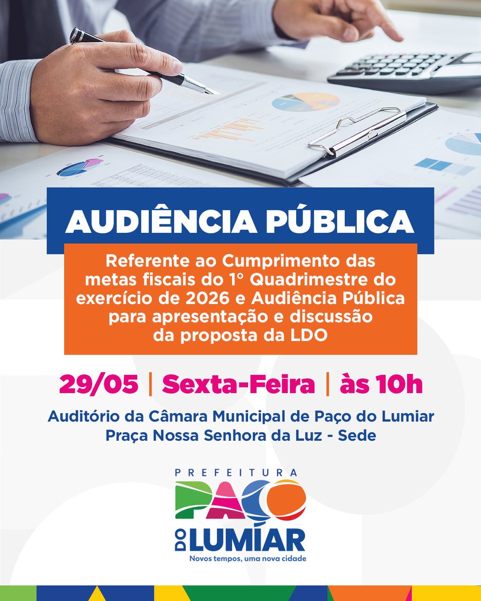 prefpaco's tweet photo. 📢 A Prefeitura de Paço do Lumiar convida a população para a Audiência Pública sobre o cumprimento das metas fiscais do 1º quadrimestre de 2026 e discussão da LDO 2027.

🗓 29/05 (sexta)
⏰ 10h
📍 Câmara Municipal – Praça Nossa Senhora da Luz, Sede

Participe! https://t.co/HRtQyNFw4i