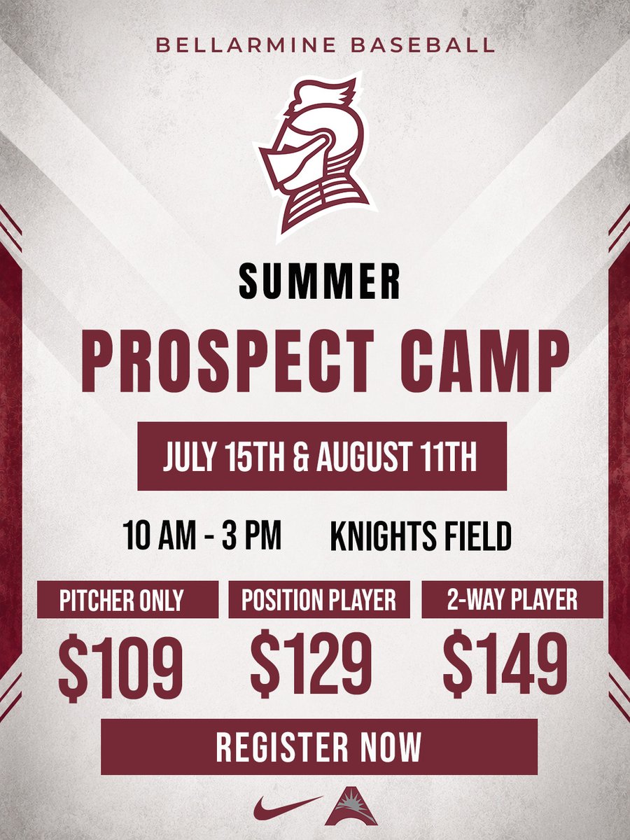 BUKnightsBSB's tweet photo. Two chances to compete in front of the Bellarmine Baseball coaching staff this summer ⚔️

📅 July 15th
📅 August 11th

Prospect Camps at Knights Field for players in the classes of 2027–2030.

Secure your spot today ⬇️
https://t.co/o3nytBcJbG https://t.co/supQ9QzhJB