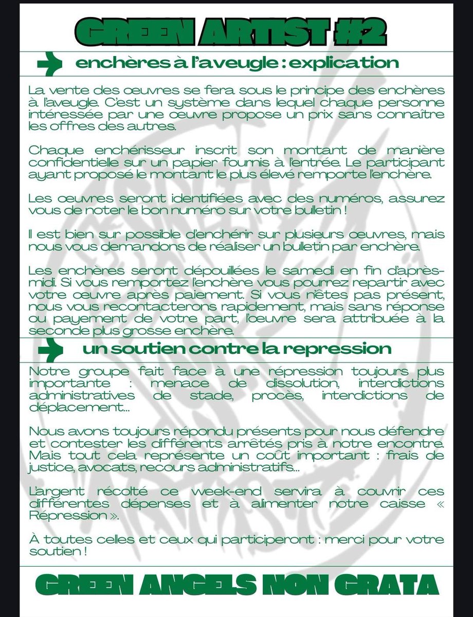 FerveurVerte_'s tweet photo. Les Green Angels organisent une exposition solidaire suivie d’enchères à l’aveugle pour être soutenus face à la répression.

Rendez-vous à l’amicale du Crêt-de-Roc, 16 Rue Royet, ce vendredi à partir de 16h et ce samedi à partir de 14h.

Toutes les explications 👇 (Evect) https://t.co/GK0A8an6cH