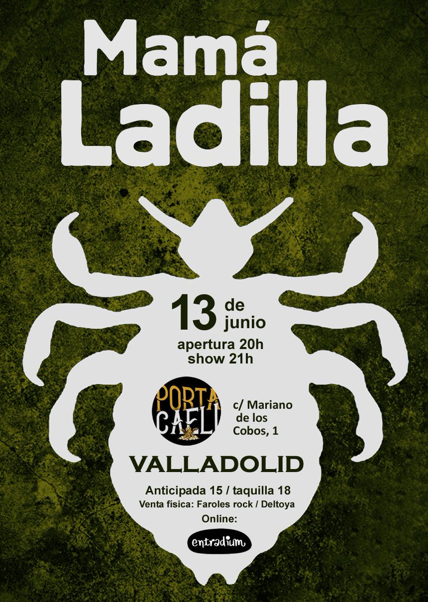 Mama_Ladilla's tweet photo. ¡Vallisoletanos todos! (Sí, usted también)

El sábado 13 de junio nos vemos en Porta Caeli. Imprescindible pabellones auditivos.

Entradas aquí:
https://t.co/BxLervb4ic https://t.co/plOCniJ1Ga