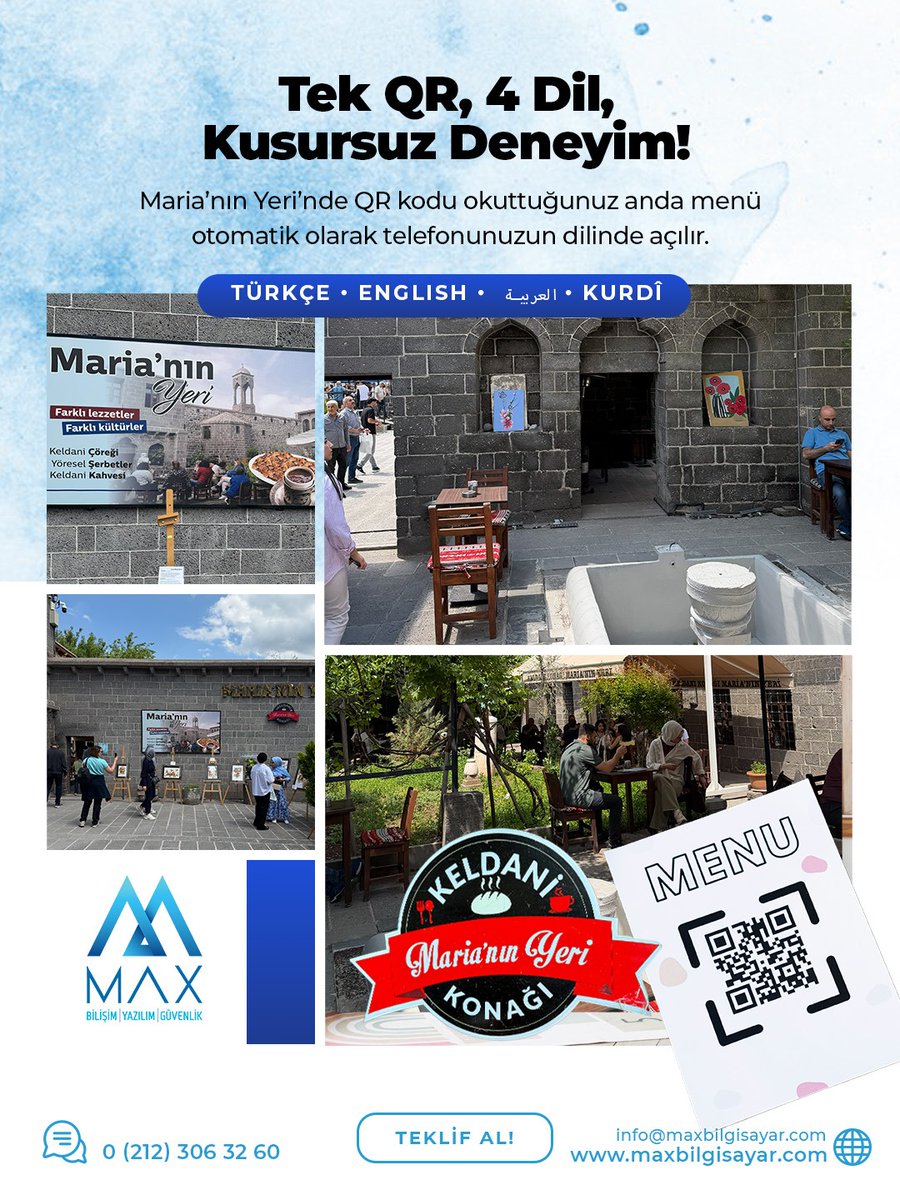 MaxBilisim's tweet photo. 🌐 Tek QR, 4 Dil, Kusursuz Deneyim! ✨

📲 Maria’nın Yeri’nde QR kodu okuttuğunuz anda menü otomatik olarak telefonunuzun dilinde açılır.
▪️ Türkçe ▪️English ▪️العربية ▪️ Kurdî

🏛️ Sur’un tarihi atmosferinde, teknolojinin en konforlu haliyle tanışın. https://t.co/98tUFhME2x