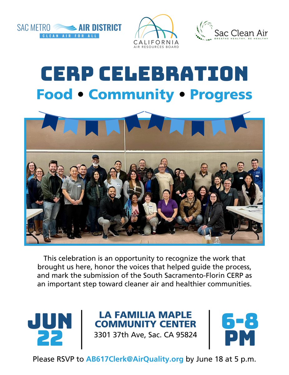 AQMD's tweet photo. Big milestone for South Sacramento-Florin! Today, the Air District Board approved the CERP for submission to @AirResources — marking the next step toward cleaner air! Join us June 22 as our Steering Committee celebrates this achievement &amp; the years of collaboration behind it. https://t.co/YOCWfwT7PT