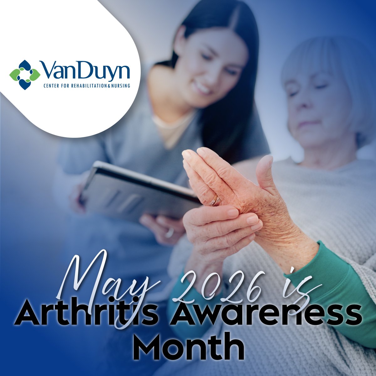 VanDuynCenter's tweet photo. 💙 May is Arthritis Awareness Month! 
Arthritis affects millions worldwide, causing pain and stiffness in the joints. Let’s spread awareness, support those living with arthritis, and encourage healthy movement and early care. 💪✨

#ArthritisAwarenessMonth #JointHealth https://t.co/2MiyzImweE