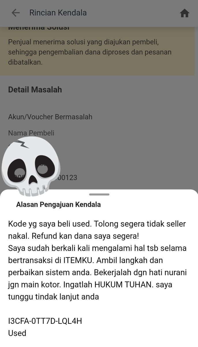 MainaEru's tweet photo. Mai dibilang "seller nakal", "main kotor", dan disuruh ingat "Hukum Tuhan". Mewek dikit :') 

Jadi hari ini baru pertama kali mendapat komplain dari pembeli di ITEMKU. Kemarin belio beli 2 kode steam wallet 12rb. Besoknya belio komplain salah satu kode sudah tidak valid. Sebagai konteks, Mai adalah seller baru yang tidak difasilitasi pengiriman instan oleh platform, Mai harus mengirim kode secara manual kepada pembeli. Ratusan kode sudah terkirim, tapi ternyata hari itu mungkin Mai lalai. Mungkin Mai lupa menandai kode yang sudah dibeli sehingga tidak sengaja terkirim ulang. Yang disayangkan, belio bukannya bertanya di chat malah langsung mengajukan komplain dengan kata-kata seperti itu. Dengan komplain itu, pihak seller terpaksa refund semua dana (padahal dari 2 voucher dibeli yang invalid cuma satu).  Bukan masalah dananya, tapi ada cara yang jauh lebih baik daripada marah-marah dan menuduh seperti itu. Mai memang salah, tapi demi Tuhan Mai tidak pernah terpikir untuk bermain kotor atau menipu.