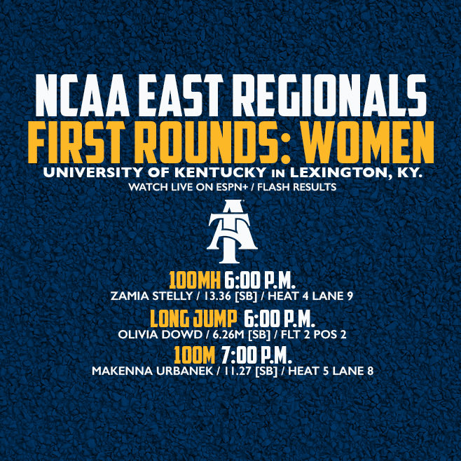 NCATAGGIES's tweet photo. Day ✌🏽 of the NCAA East First Rounds in Kentucky and it’s the women’s turn! 

24 will advance from the track to Eugene 👉🏽 The top 3 from each heat, plus the next 6 fastest times 

The top 12 long jumpers will advance to Eugene. Let’s go, Aggies! 💙💛

Tune in to ESPN+ #AggiePride https://t.co/SMGvi29JHz
