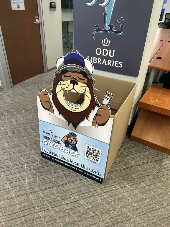 ODULibraries's tweet photo. Food donation boxes have been placed in Perry Library to support the Monarchs Give Back campaign! The campaign, launched in 2022, seeks to address food insecurity in Hampton Roads by providing ODU’s Monarch Pantry with food items that are distributed to ODU students &amp; families https://t.co/PqedEYukaS
